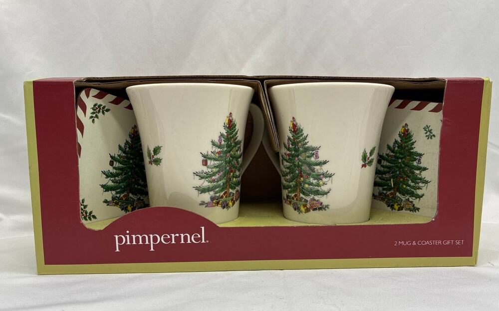 Spode Christmas Tree Pimpernel 2 Mugs Coasters Gift Set Original Box Holiday